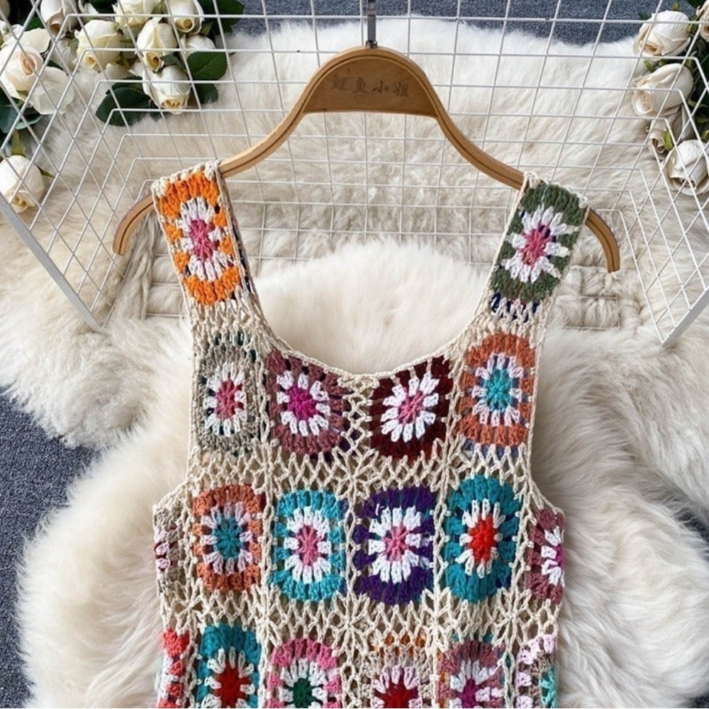 Boho Hawaiian Polynesian Multicolor Crochet Fringe Dress - Picture 5 of 6